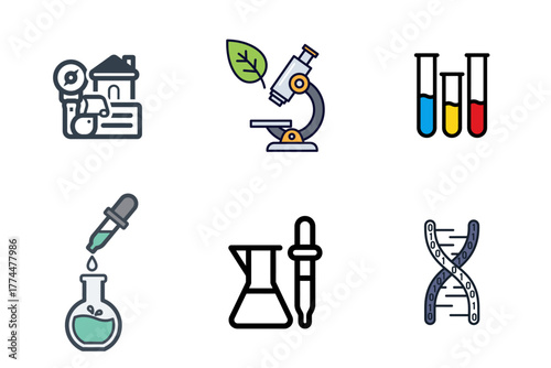 Scientific Research and Laboratory Vector Icons Set for Biology, Chemistry, and Genetics