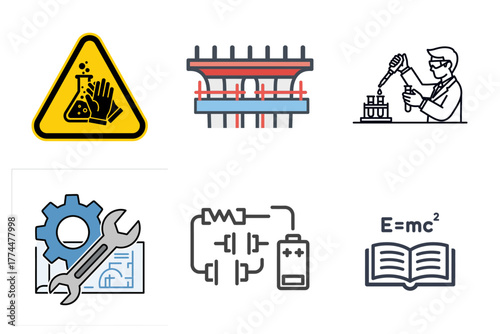 Science and Engineering Concept Icons Set: Lab, Chemistry, Physics, Electronics, Mechanics, Safety