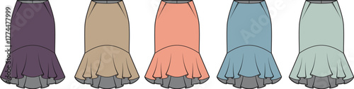 Elegant collection of long fishtail maxi skirts, a technical fashion flat illustration for apparel design concepts and clothing templates