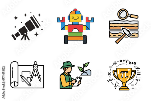 STEM Education Icons Set. Science, Technology, Engineering, Math Learning Symbols.