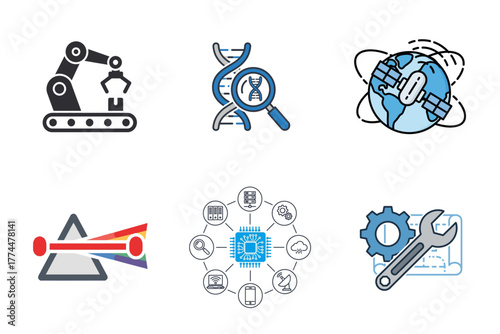 Technology, Science & Engineering Icons. Innovation, Automation, Data, Genetics, Global Network Vector Set