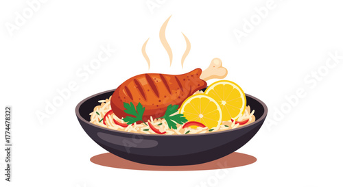 A close-up view of a grilled chicken leg served with rice and lemon slices.