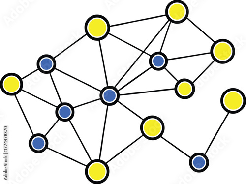 Adobe Illustrator Artwork  Abstract interconnected network of nodes and lines representing a complex digital system or data flow with blue highlighted nodes

