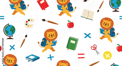 Cute cartoon lions carrying backpacks and books, surrounded by school supplies and math symbols.