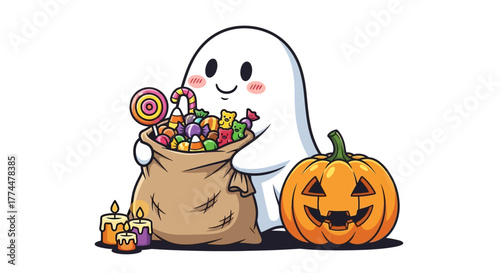 Adorable ghost shares overflowing bag of colorful Halloween candy next to a jack-o'-lantern and flickering candles