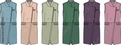 Fashion technical flat sketch of a women's double-breasted long vest in multiple colorways. Apparel design template and vector illustration for clothing