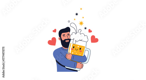 A smiling bearded man in a blue shirt happily hugs a frothy mug of beer adorned with hearts.