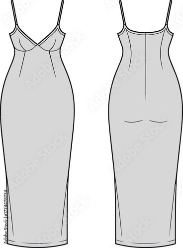 Fitted sleeveless dress technical sketch, spaghetti straps, V-neckline, structured bodice, contour seams, fashion flat template, front and back view