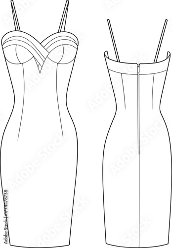 Fitted sleeveless dress technical sketch, front and back view, fashion design template, sweetheart neckline, garment construction, vector illustration
