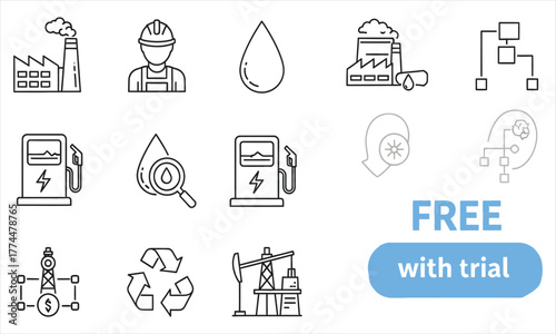 Set of oil and gas industry icons including refinery, worker, oil drop, and gas station
