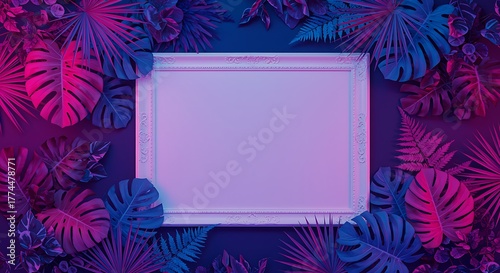Tropical leaves and frame illuminated with neon lights background for decoration