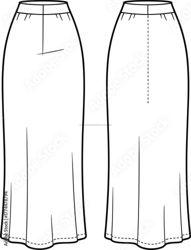 Long skirt technical fashion sketch, front and back view, garment design template, apparel construction, vector outline, minimalist style illustration