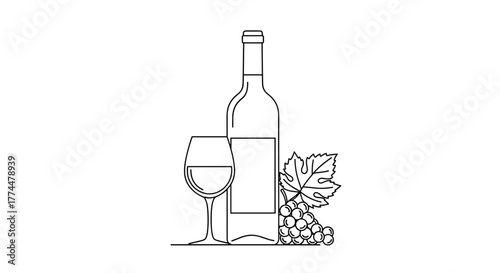 Outline illustration of a wine bottle with a glass and grapes and a leaf; a simple black and white drawing.
