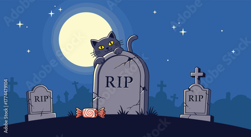 A cute black cat peeks over a tombstone in a spooky graveyard under a full moon.