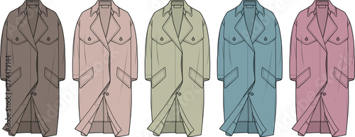 Set of women's classic trench coats in a muted color palette. Fashion technical flat sketch template for a seasonal outerwear collection