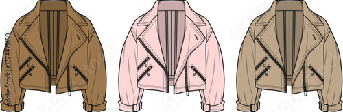 Fashion illustration of a stylish women's jacket in multiple colors brown, pink, and beige, ready to wear