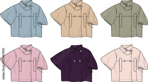 Fashion Collection Stylish Technical Flats of a Short-Sleeve Cape, Showcasing Color Variations