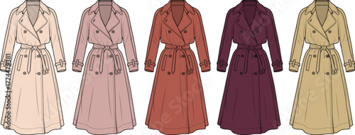 Collection of women's trench coats in various earthy and warm color variations, showcasing classic design and style
