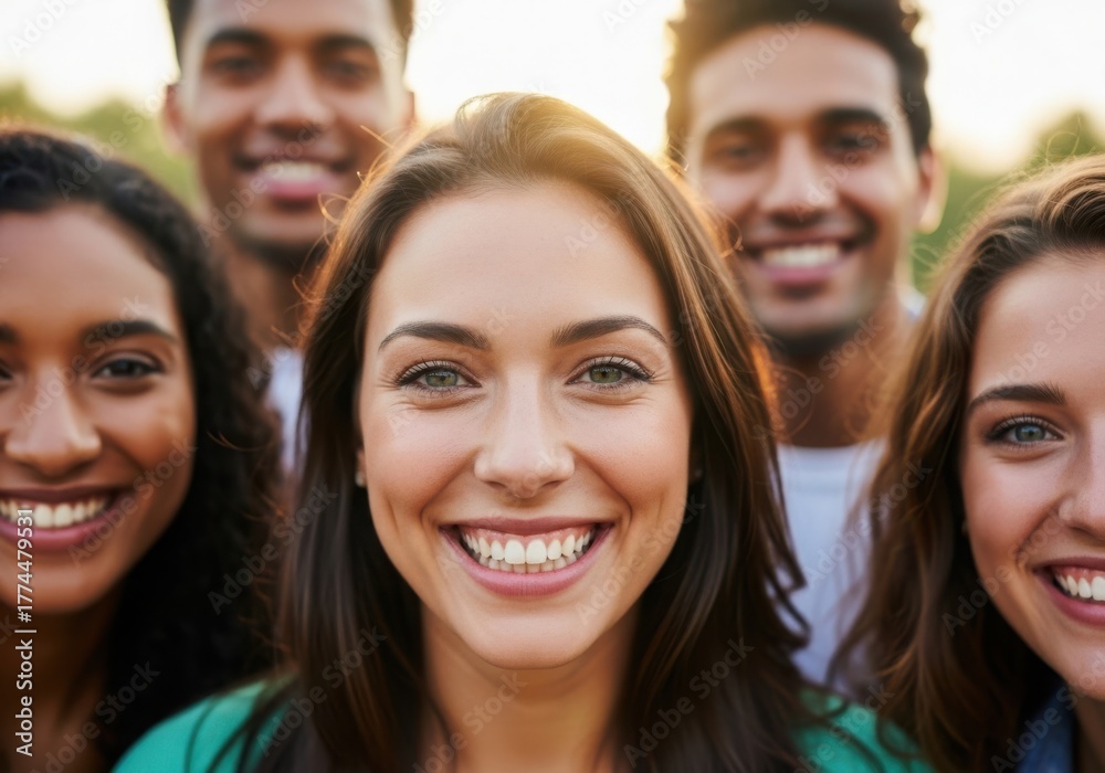 Fototapeta premium Diverse group of young friends smiling joyfully together outdoors at sunset creating a warm atmosphere
