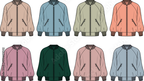 A diverse collection of bomber jackets presented in an array of eight distinct colors, showcasing contemporary unisex fashion design for versatile casual and stylish outerwear apparel
