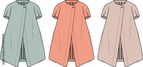 Stylish modern outerwear collection in three distinct pastel color variations, featuring a unique asymmetrical hemline and elegant draped silhouette