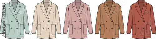 Collection of stylish double-breasted blazers in a variety of soft pastel and earthy tones, perfect for fashion design projects and wardrobe inspiration