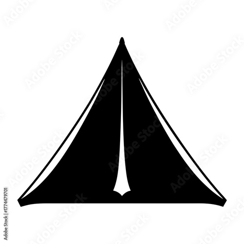 Stylized monochrome image depicts a simplified pyramidal tent with minimalist design