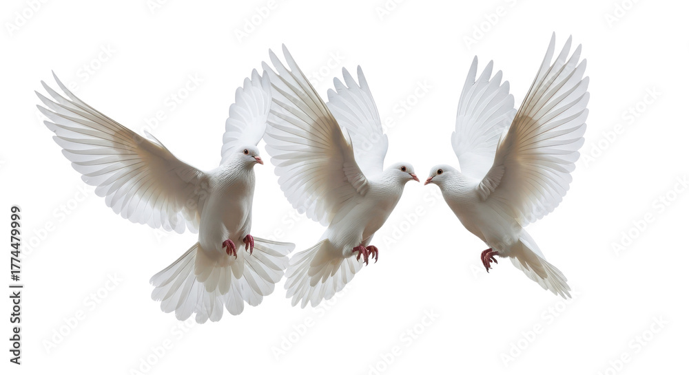 Obraz premium Trio of beautiful white doves flying with spread wings symbolizing peace and purity isolated PNG with Transparent Background