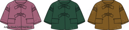 Illustration of Coats with Bows in Pink, Green, and Brown