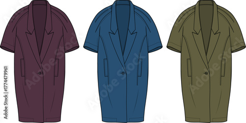A fashion design concept featuring a vector illustration of an oversized short-sleeve blazer coat in multiple colorways. Technical flat drawing for apparel design