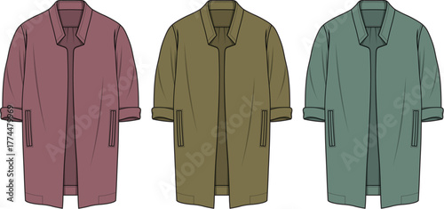 Stylish Coat Design Variations Featuring Three Color Options for Fashion Illustration