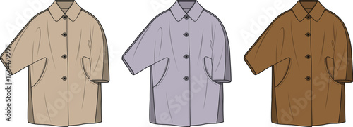 Fashion illustration showcasing a trio of classic and versatile trench coats in stylish beige, soft lavender, and rich brown hues, perfect for seasonal outerwear and contemporary wardrobe essentials