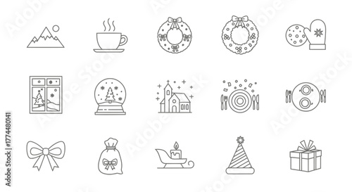 Set of Christmas and Winter Holiday Icons Featuring Festive Elements, Gifts, and Decorations in Minimalist Style