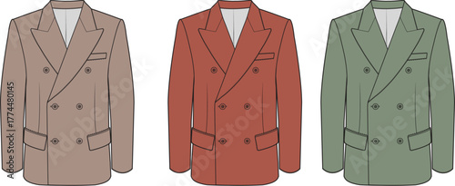 Stylish Double Breasted Suit Jacket Variations in Tan, Red, and Green