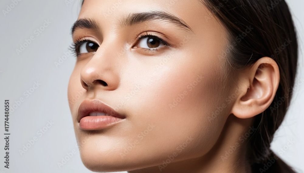 Obraz premium Close-up of a young woman with natural beauty and clear skin, looking up with a serene expression on a light background