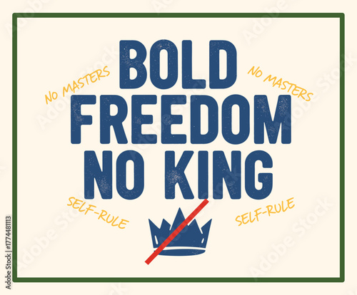 A colorful protest slogan featuring a crossed-out crown and the words 'NO KING'. The design symbolizes opposition to authority and political policies in the USA.