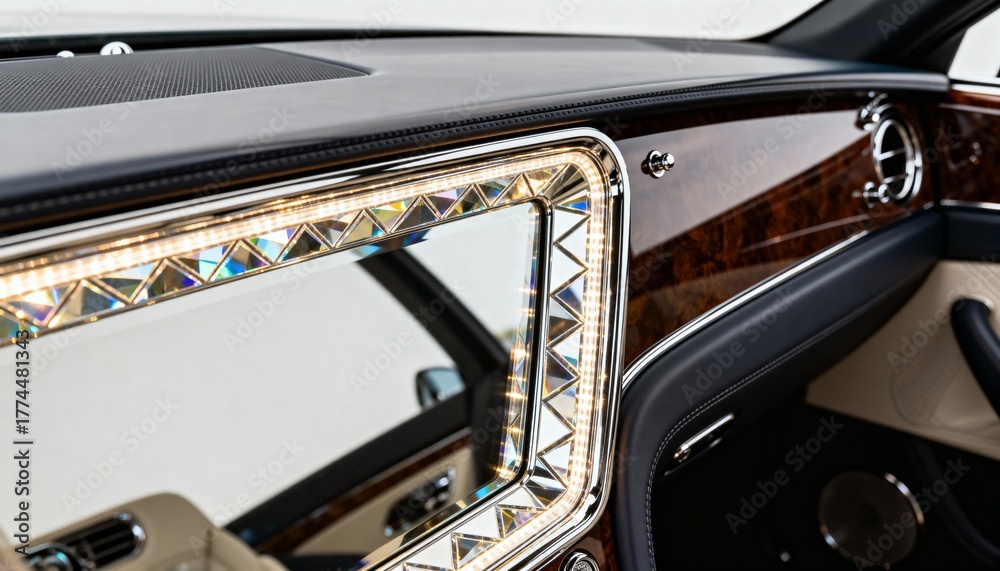 Obraz premium Artisan fitting beveled mirror panel attachment on elegant dashboard emphasizing decorative angled edges and light refraction details.
