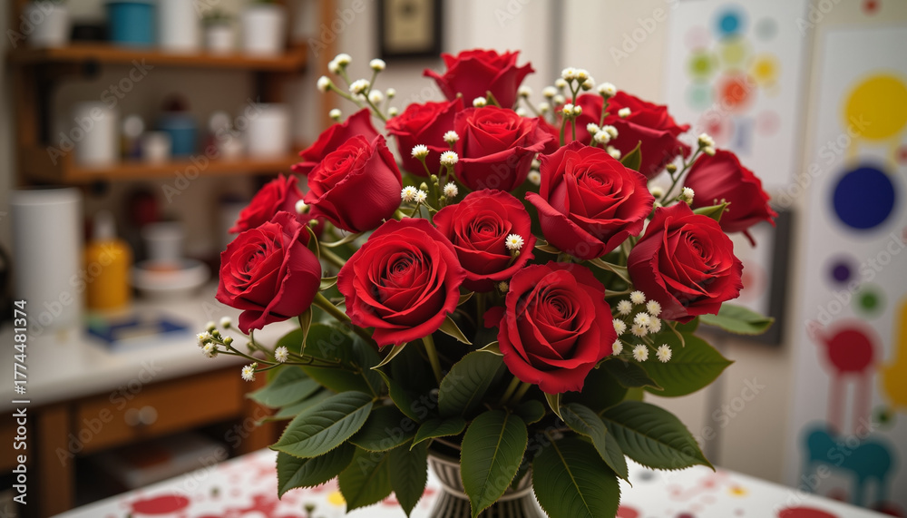 Obraz premium Red roses bouquet on kitchen table