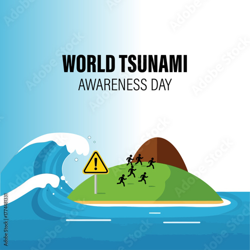 World Tsunami Awareness Day: Evacuation Illustration, People Running to High Ground, Natural Disaster Safety Poster