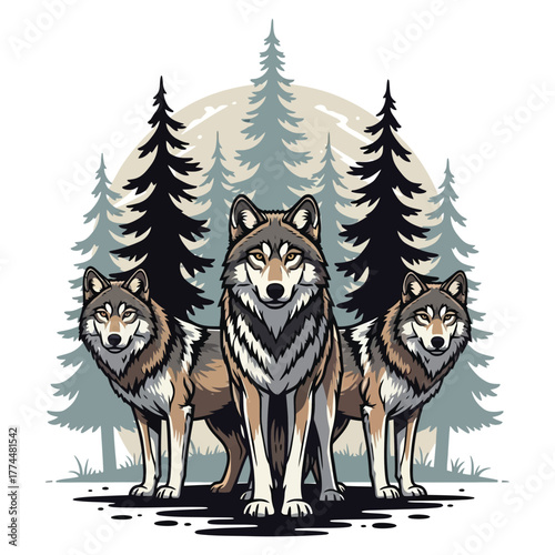 Majestic wolf pack stands united in a stylized pine forest under a serene moonlit sky, embodying wild strength and natural power.