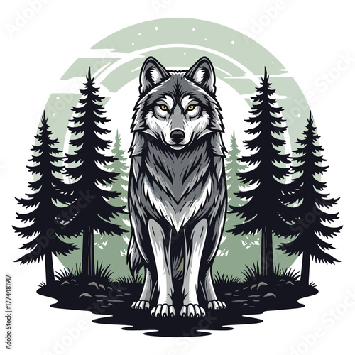 Majestic wolf stands stoic amidst a dark pine forest under a pale moonlit sky, embodying wild spirit and untamed nature.