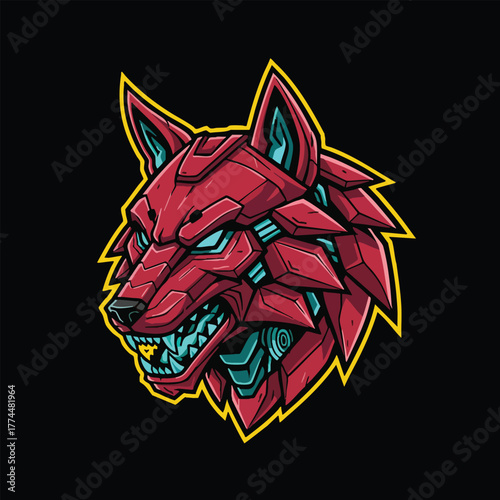 Dynamic cybernetic wolf head illustration featuring intricate biomechanical details and a fierce expression, blending futuristic technology with primal animal power for esports and digital design