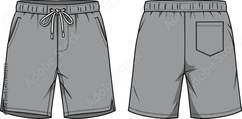Gray shorts front view, gray shorts back view, fashion flat sketch, technical garment drawing, elastic waistband, drawstring detail, casual apparel design