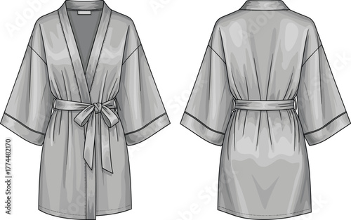 Gray satin robe, elegant loungewear, women’s dressing gown, silky nightwear, luxury sleepwear, fashion garment, soft fabric, shawl collar, waist tie, comfort