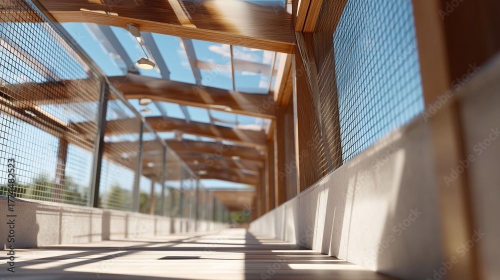 Obraz premium Brightly lit wooden walkway under blue sky showcases modern architecture design