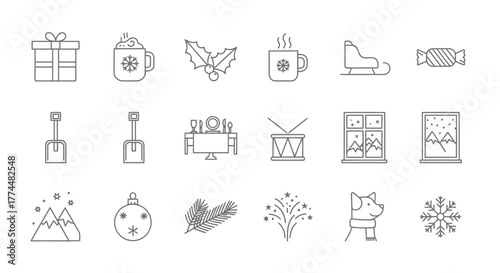 Line Art Christmas Icons Holiday Season Celebration