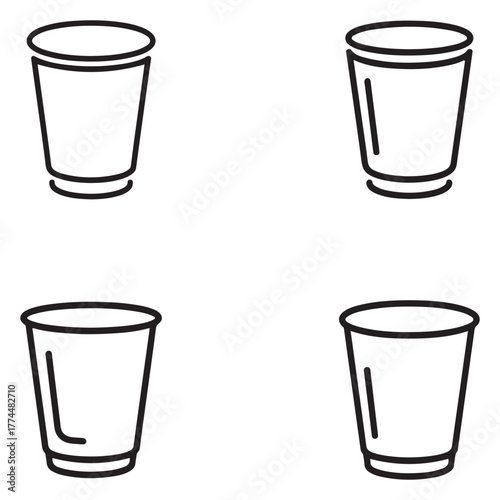Collection of disposable drink cups with various lid designs and straw options silhouette