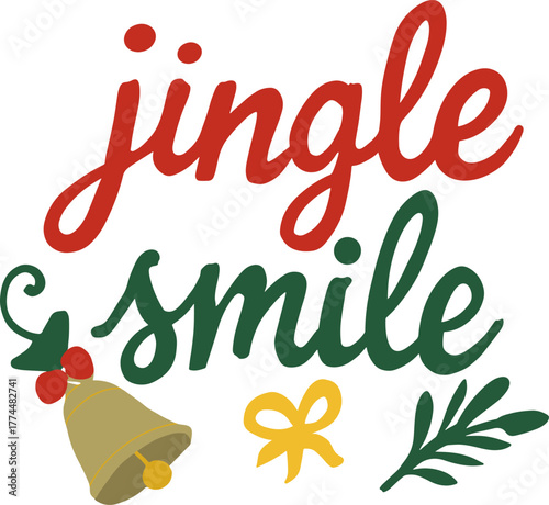 Jingle Smile Christmas Lettering with Golden Bell and Holly Leaves