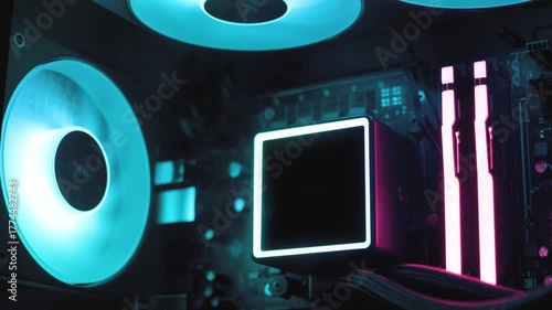 ゲーミングパソコンと色鮮やかなネオンの光 A gaming PC illuminated by vibrant neon lighting