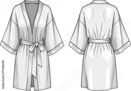 Technical flat sketch of short robe front and back view, fashion garment template, clothing illustration, apparel design, bathrobe outline, loungewear vector